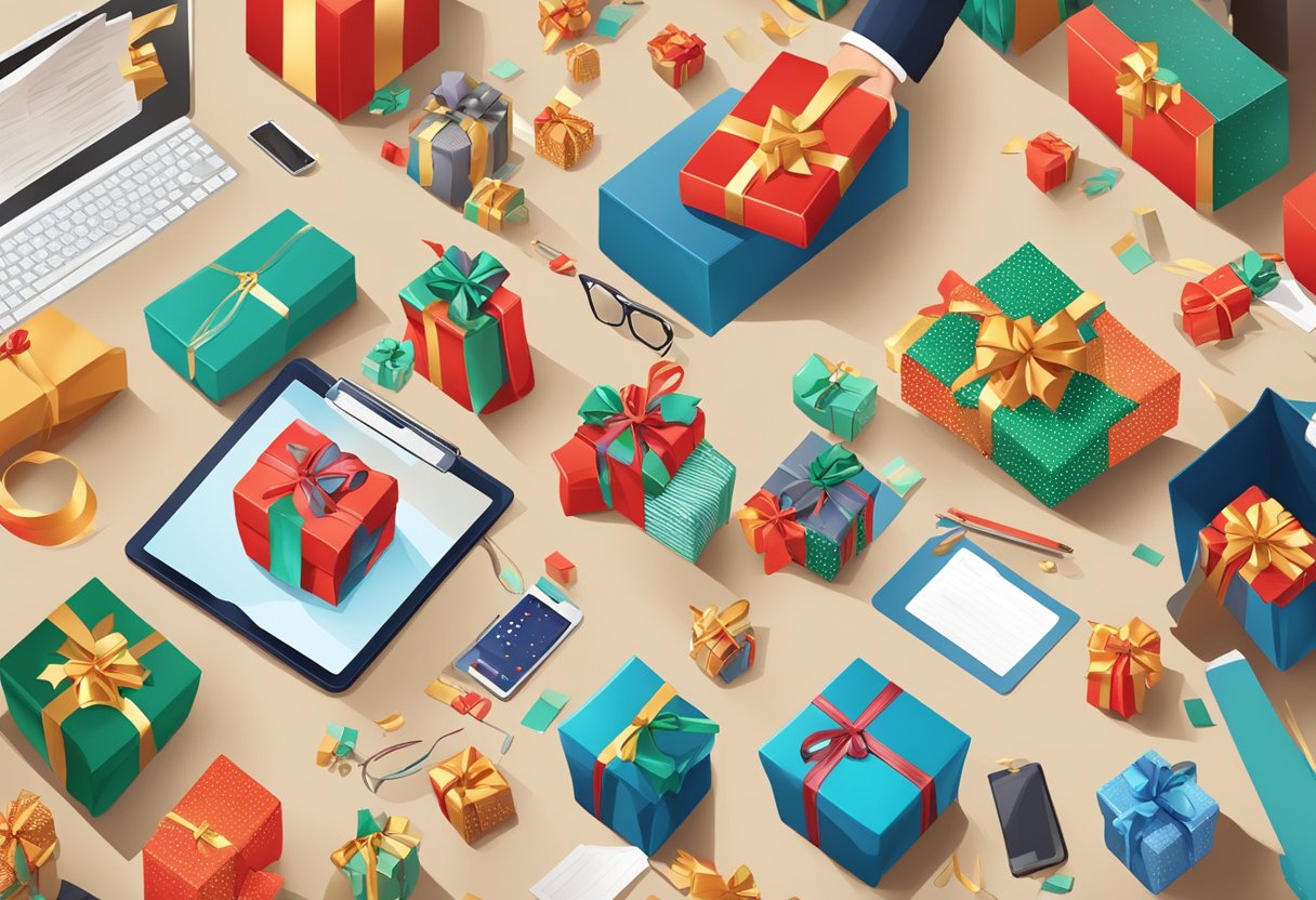 A table adorned with festive corporate gifts, surrounded by eager recipients