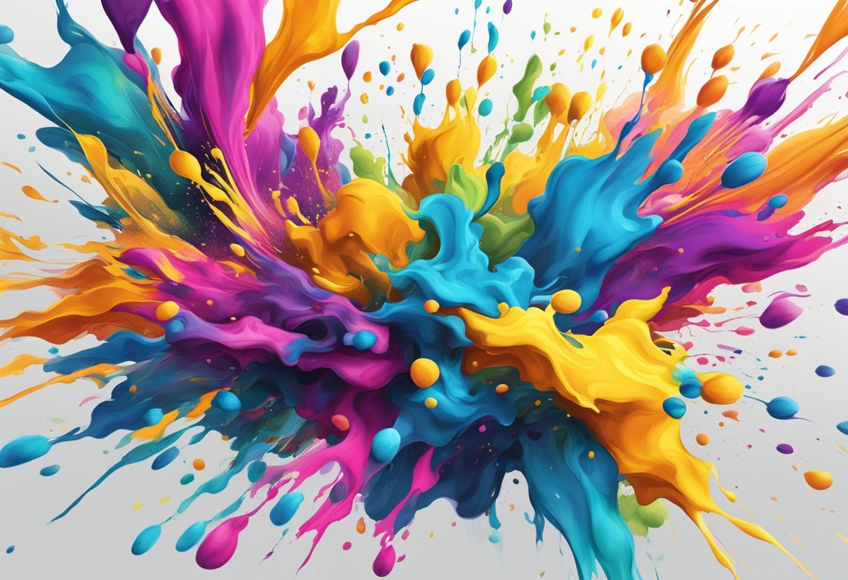 Vibrant ink splattering onto a canvas, creating a colorful and dynamic pattern for gift printing techniques