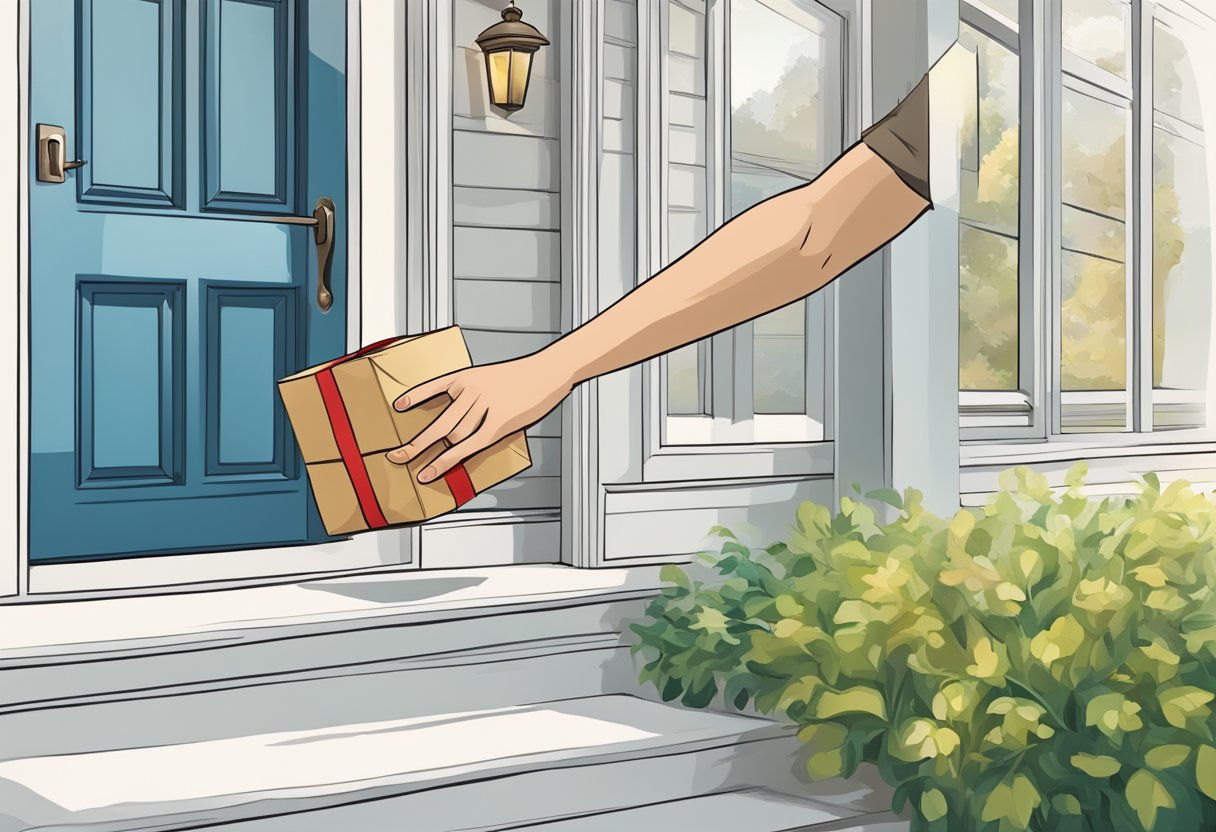 A package is placed on a doorstep, with a ribbon and bow. A hand reaches out to ring the doorbell