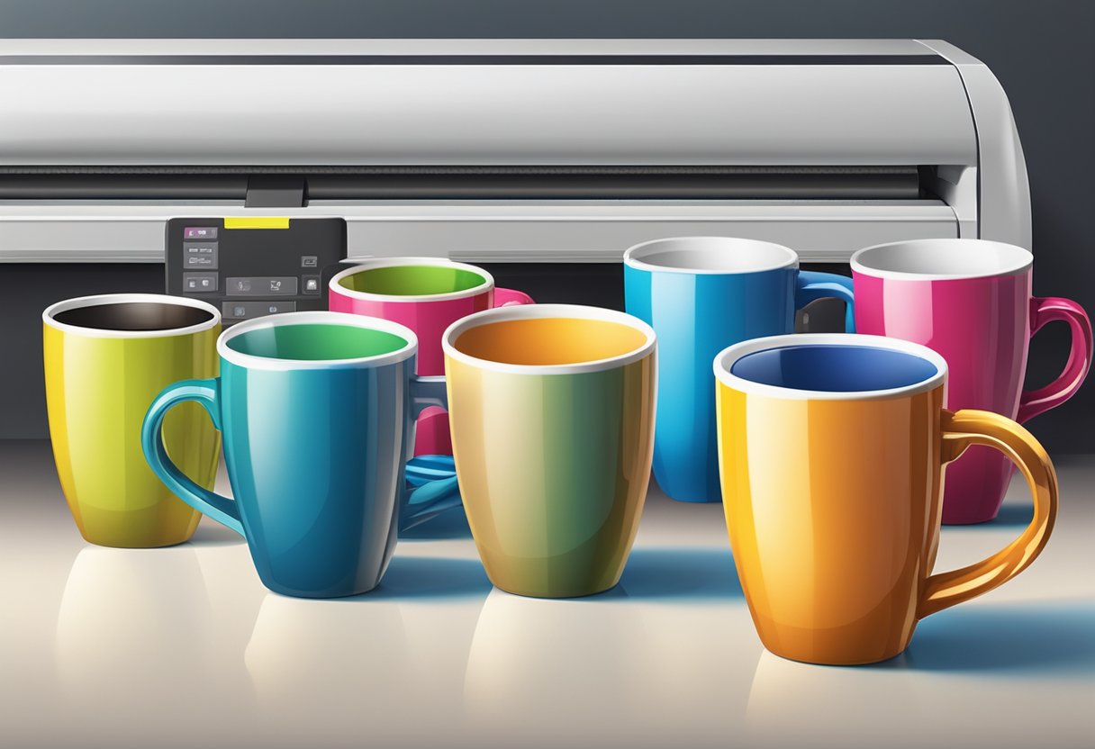 A row of colorful mugs with "Frequently Asked Questions" printed on them. A printing machine in the background