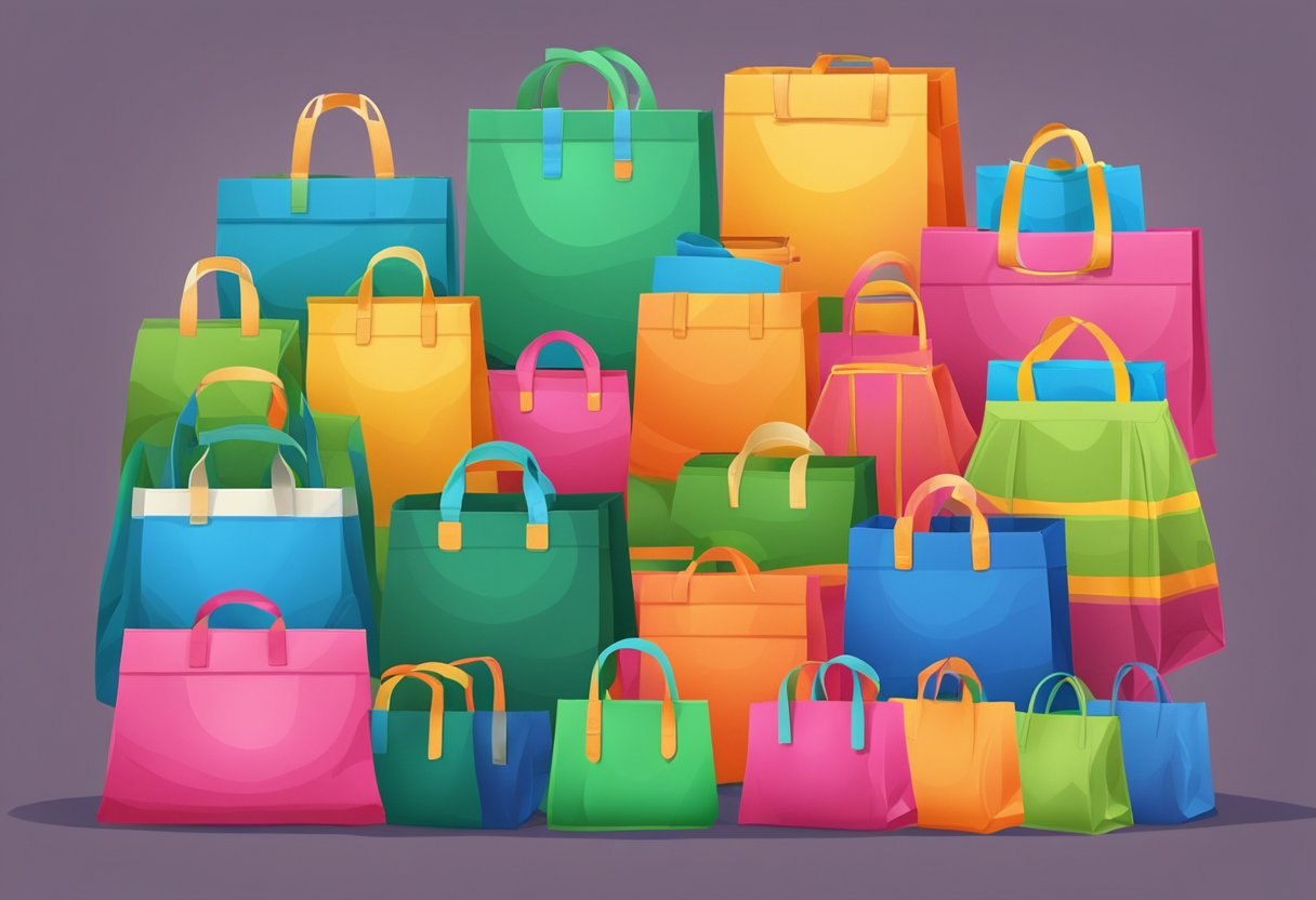 Colorful non-woven bags arranged in a neat stack, with various sizes and designs. Bright and eco-friendly