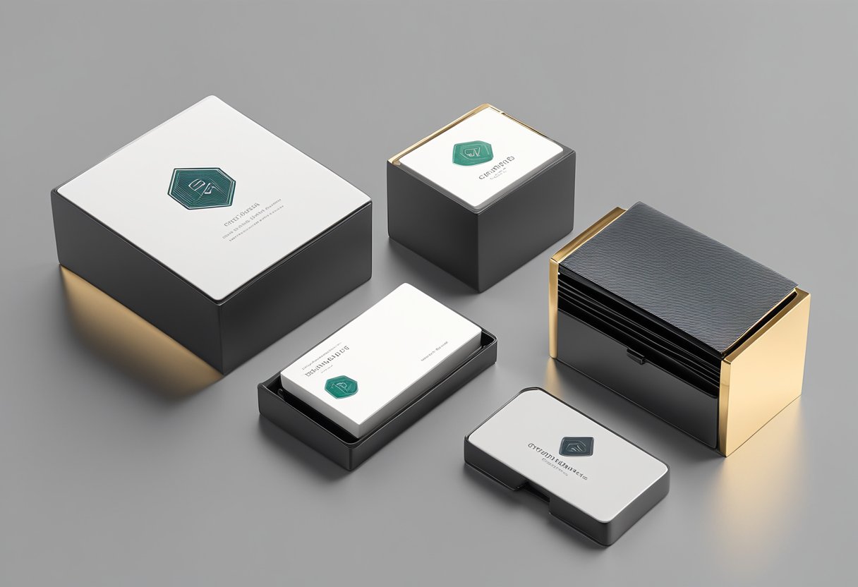 A sleek, modern business card holder sits on a polished desk, surrounded by elegant corporate gifts