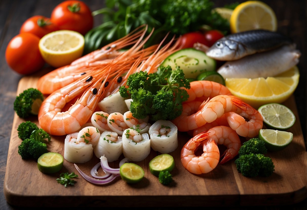 A colorful array of fresh seafood, including shrimp, squid, and fish, are arranged on a wooden cutting board alongside vibrant vegetables and aromatic herbs