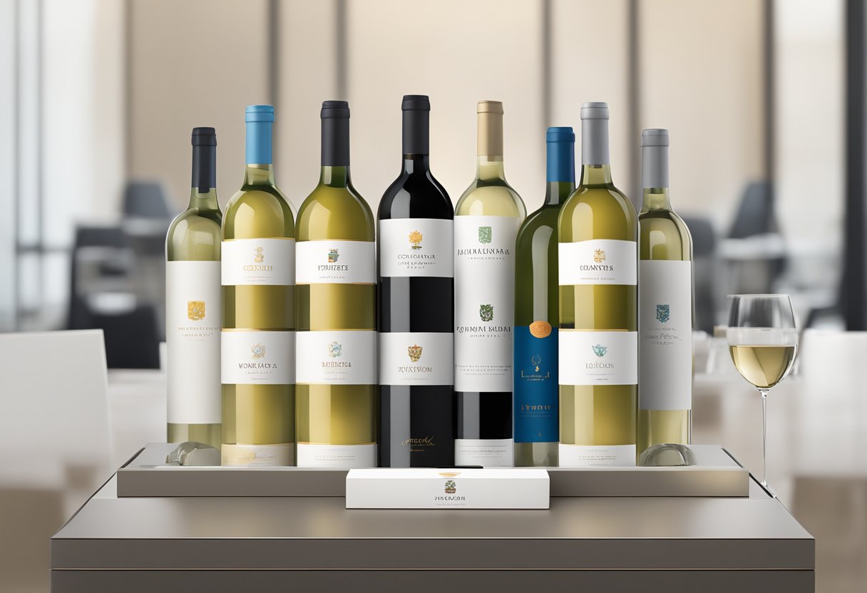 A stack of branded wine boxes displayed on a sleek corporate gift table