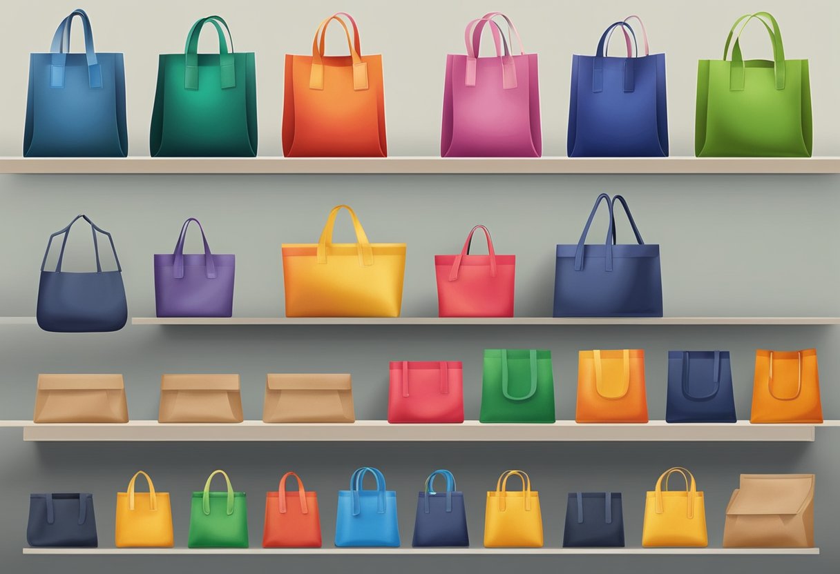 Non-woven bags in various sizes and colors arranged on a display shelf, with their durable and eco-friendly characteristics emphasized