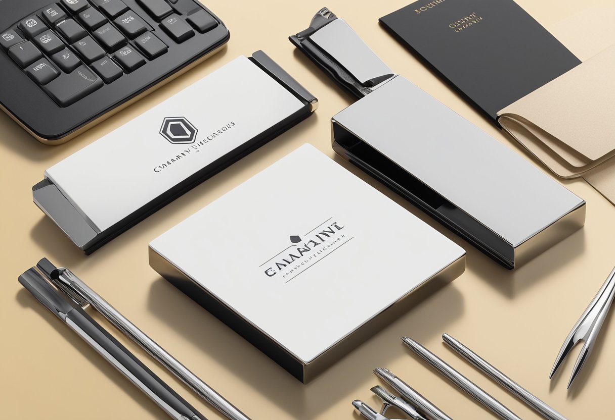 A sleek, modern business card holder sits on a polished desk, surrounded by other professional office supplies. The holder is engraved with a company logo, and the scene exudes sophistication and professionalism