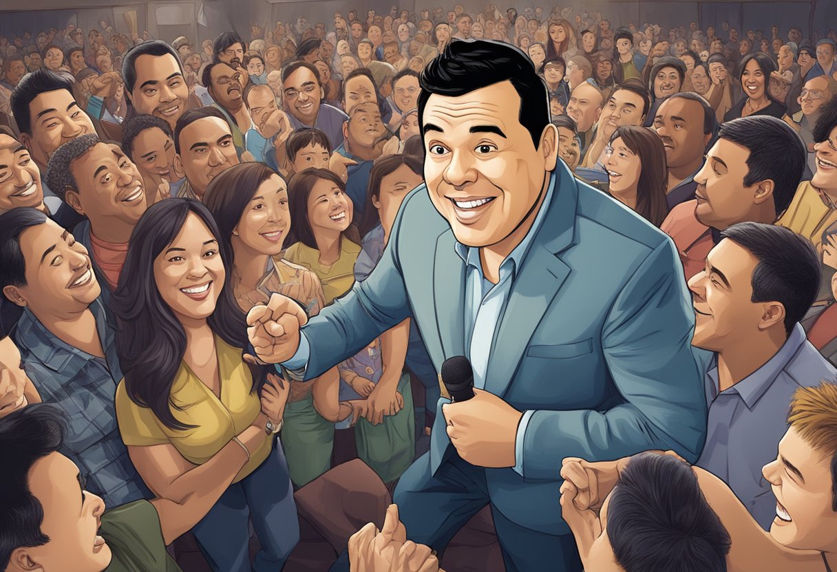 Carlos Mencia's rise to fame: a crowded comedy club, spotlight on stage, laughter filling the air