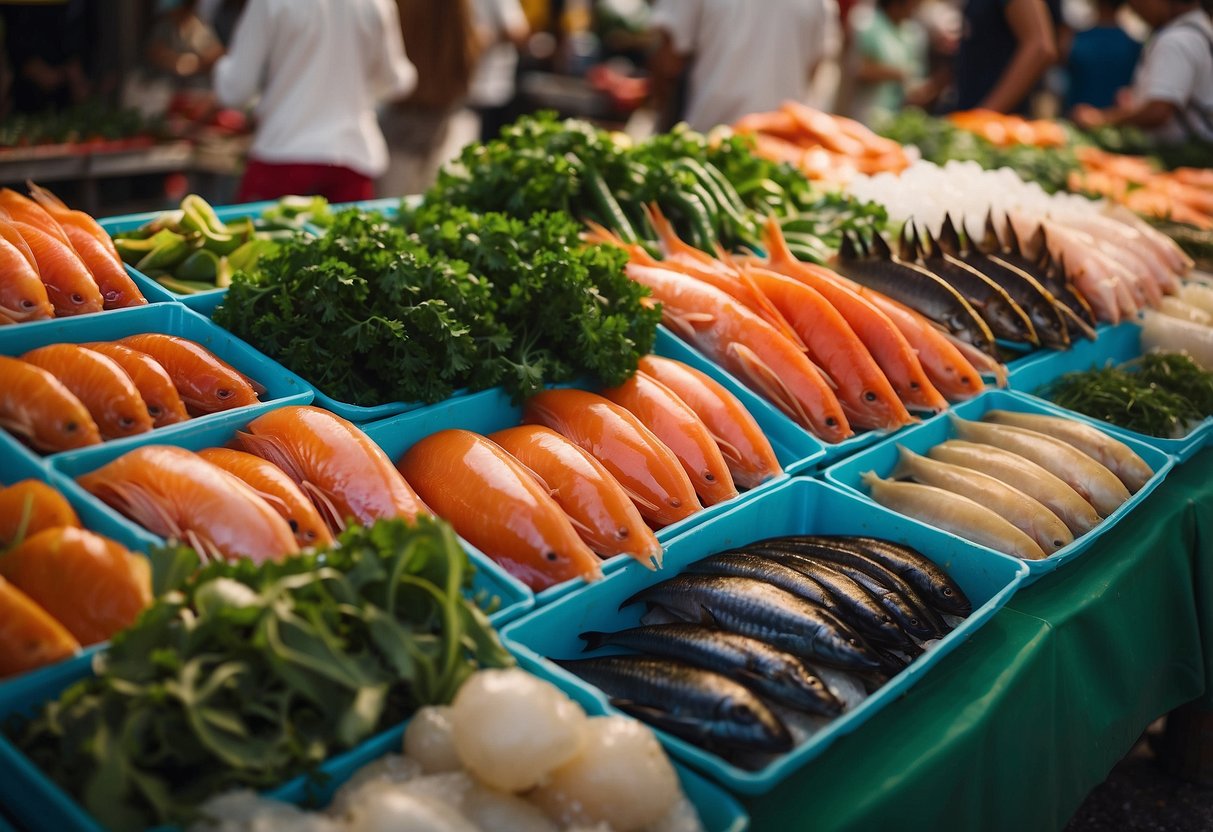 A vibrant market stall displays an array of fresh Okinawan seafood, including colorful fish, succulent shellfish, and exotic sea vegetables. The scene is bustling with activity as locals and tourists alike sample the island's delicious delicacies
