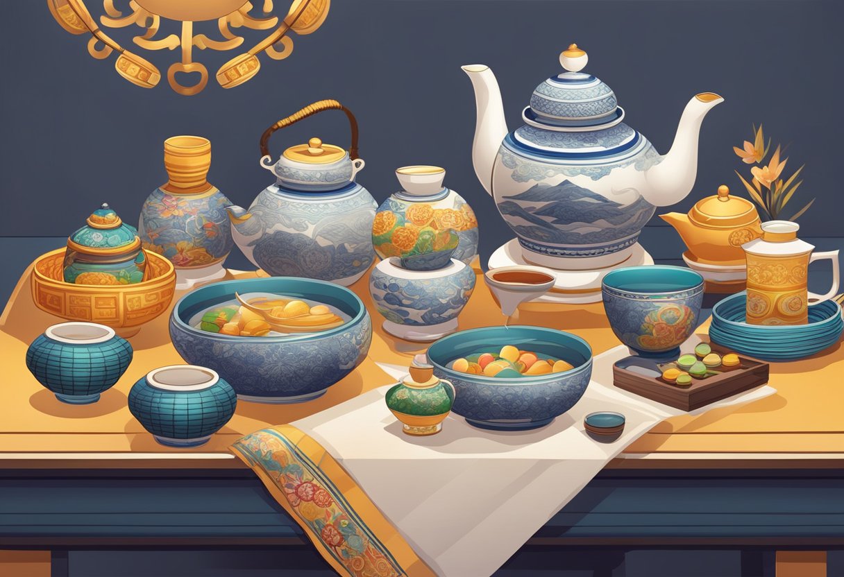 A table with various Nanyang gifts displayed, including tea sets, traditional clothing, and souvenirs. Bright lighting and a clean, organized layout