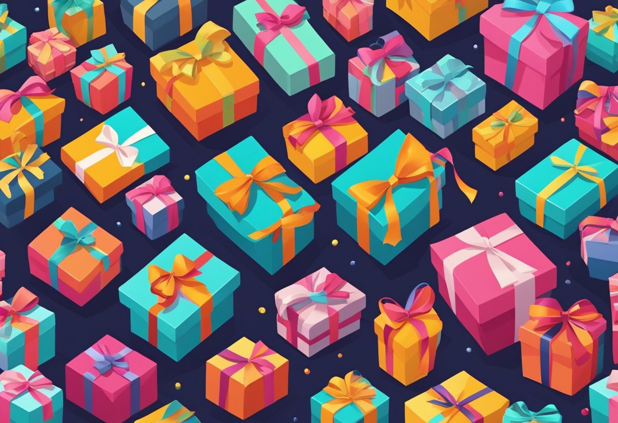 Various small gift boxes scattered on a wooden table. Bright colors and different sizes. Bow ribbons and decorative patterns