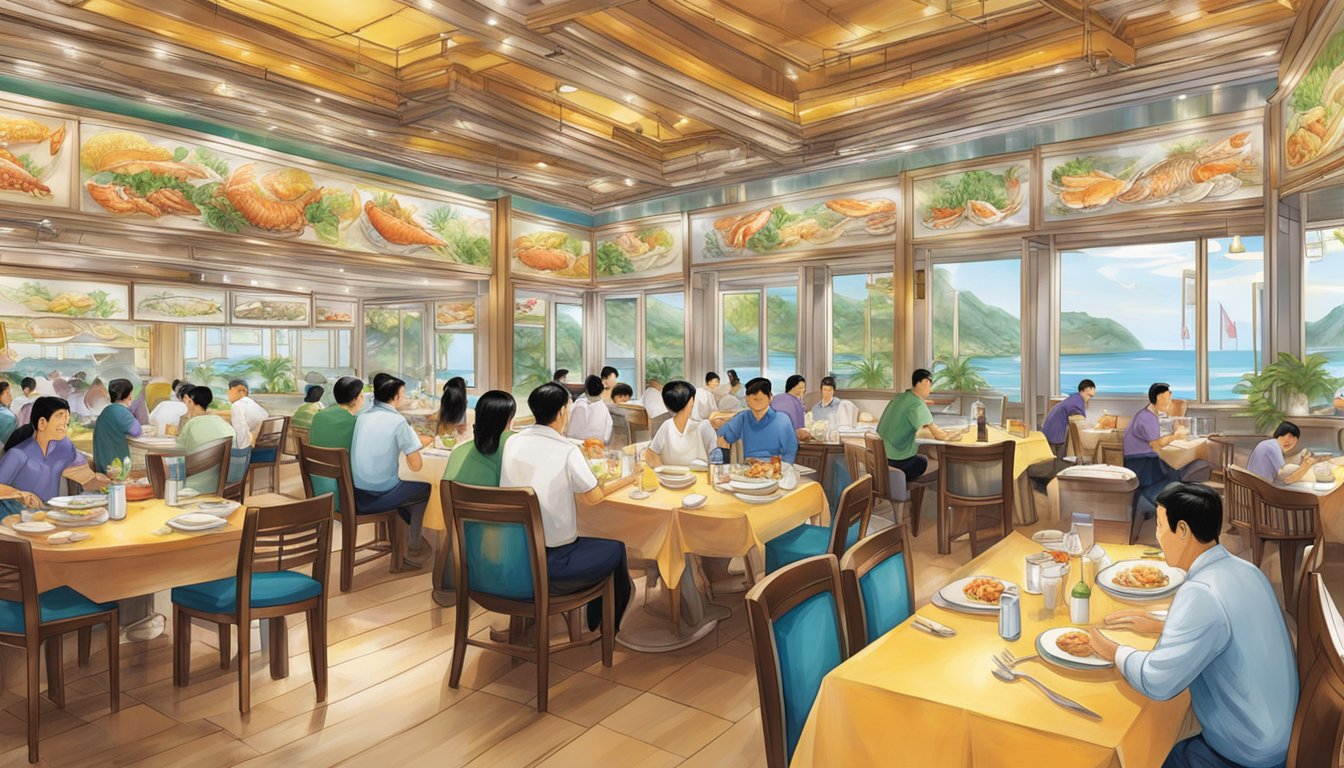 The bustling dining room of Orchid Seafood Restaurant in Whampoa, Singapore, showcases a vibrant menu filled with highlights of fresh seafood dishes