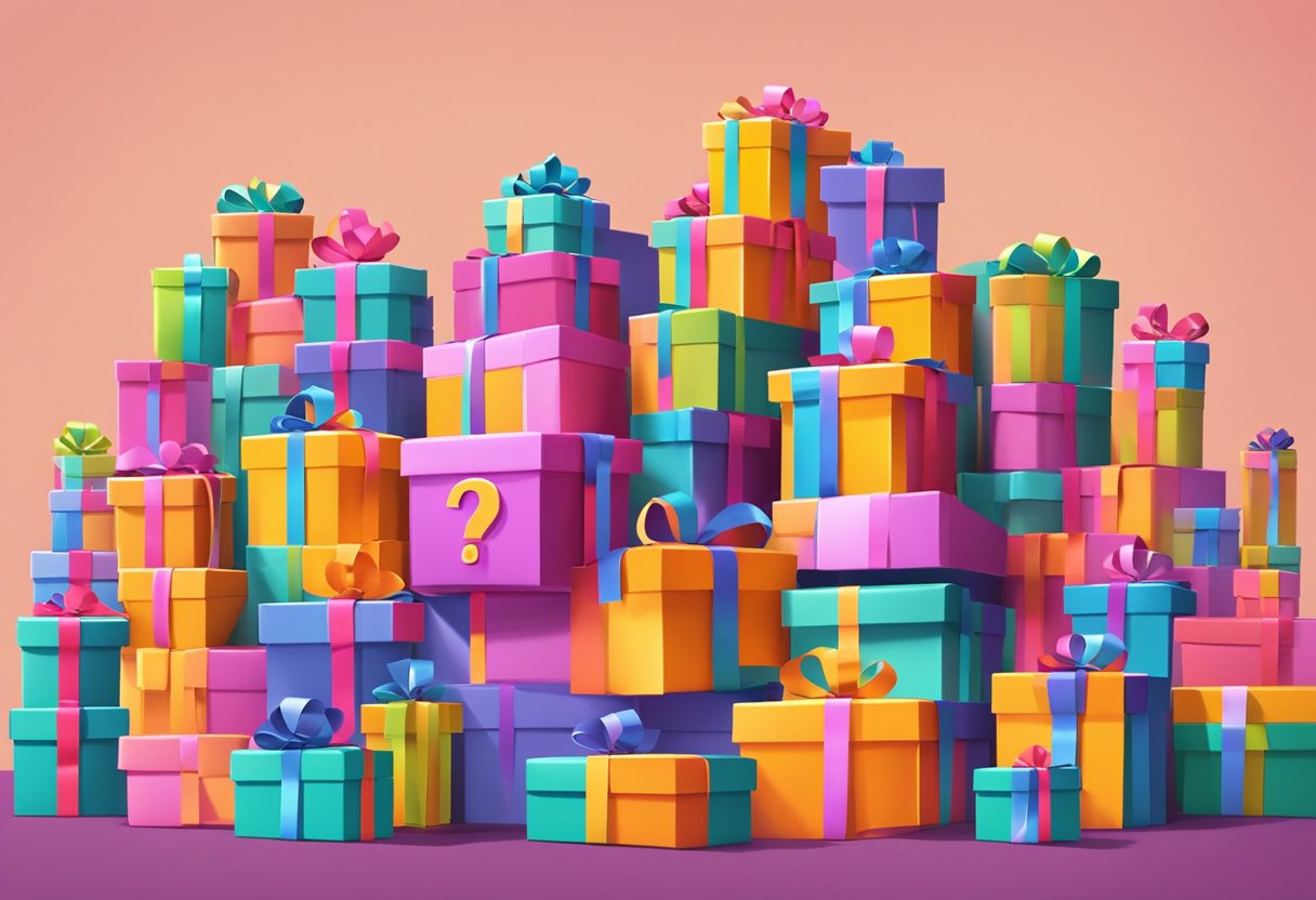 A stack of colorful gift boxes with "Frequently Asked Questions" written on them. Surrounding the boxes are question marks and exclamation points floating in the air