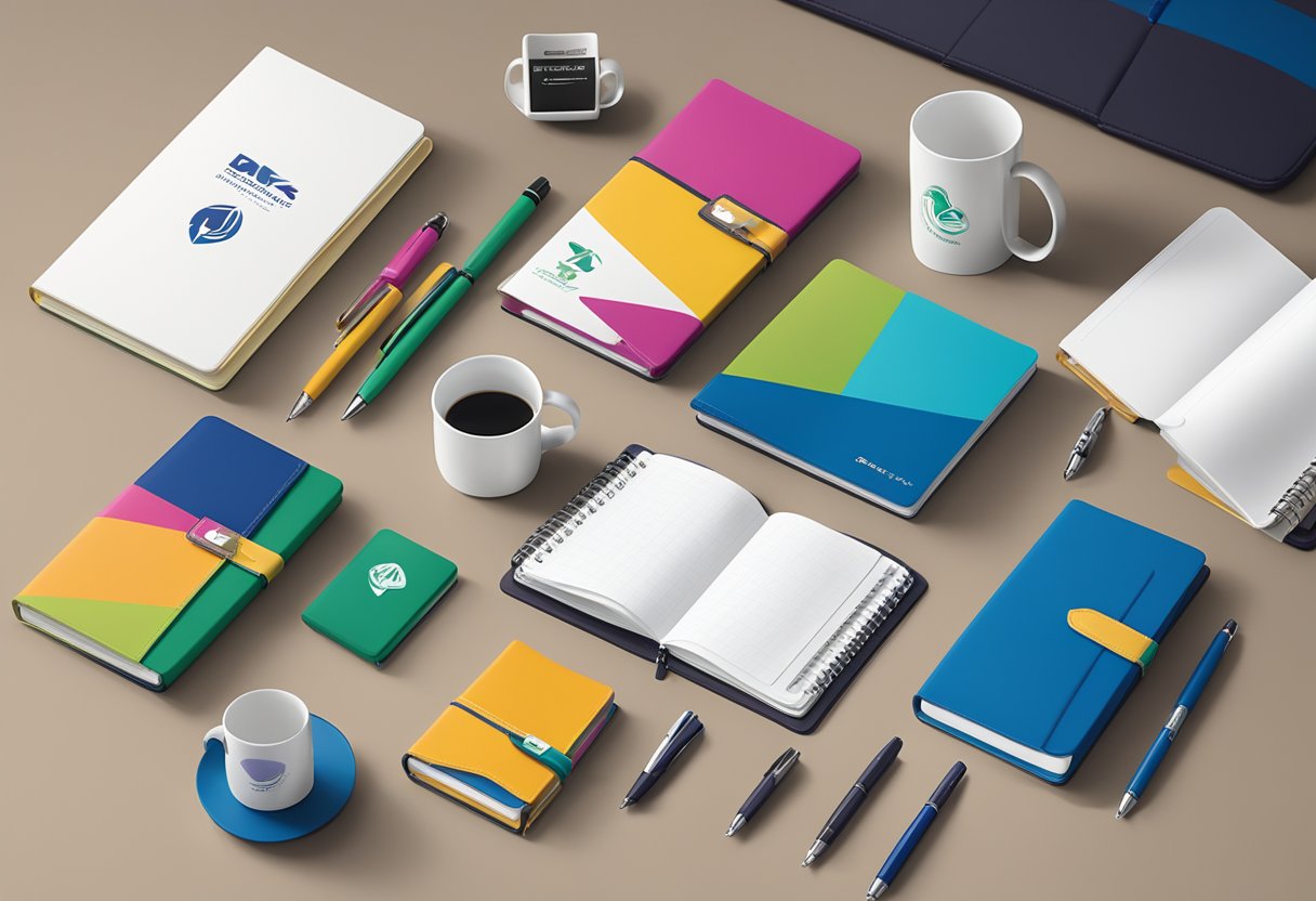 A table displays a variety of corporate gifts - branded pens, notebooks, and mugs. A logo is prominently featured on each item