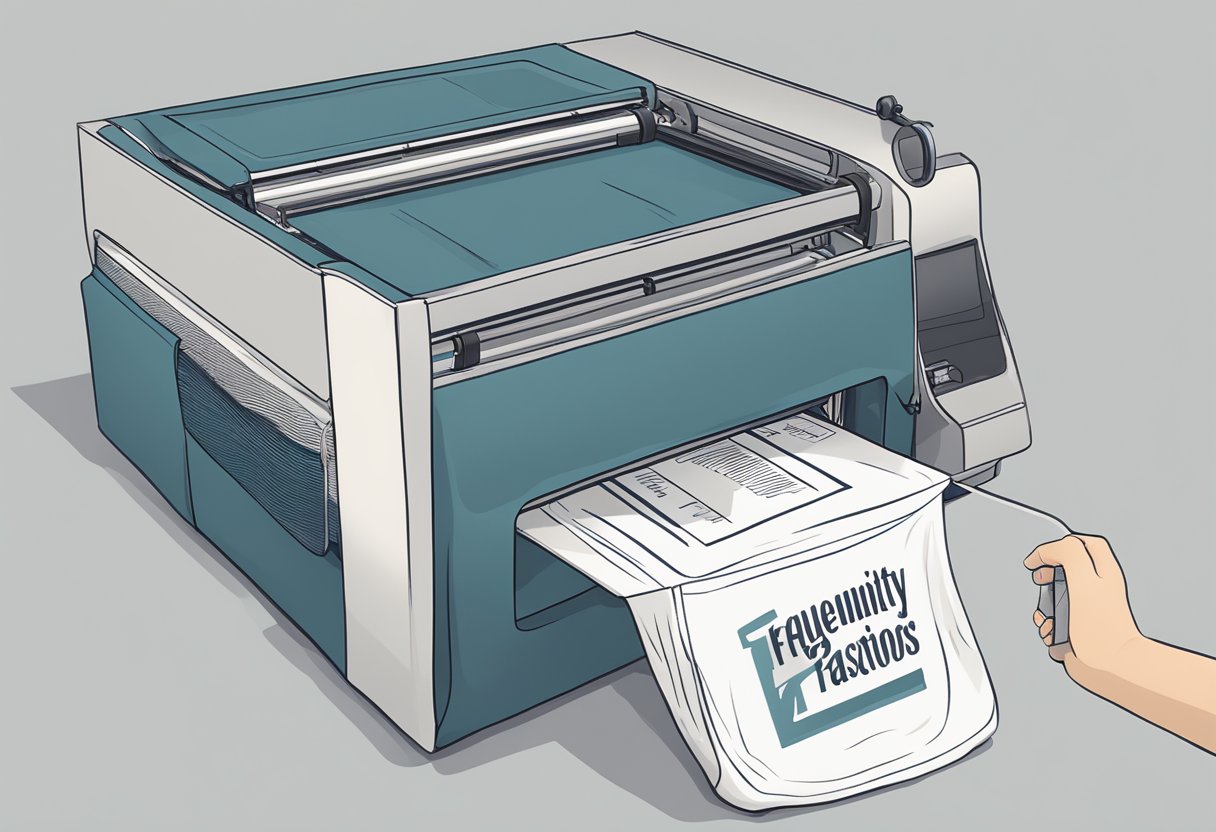 A tote bag being printed with "Frequently Asked Questions" text and a simple, modern design. The printing process is shown in detail
