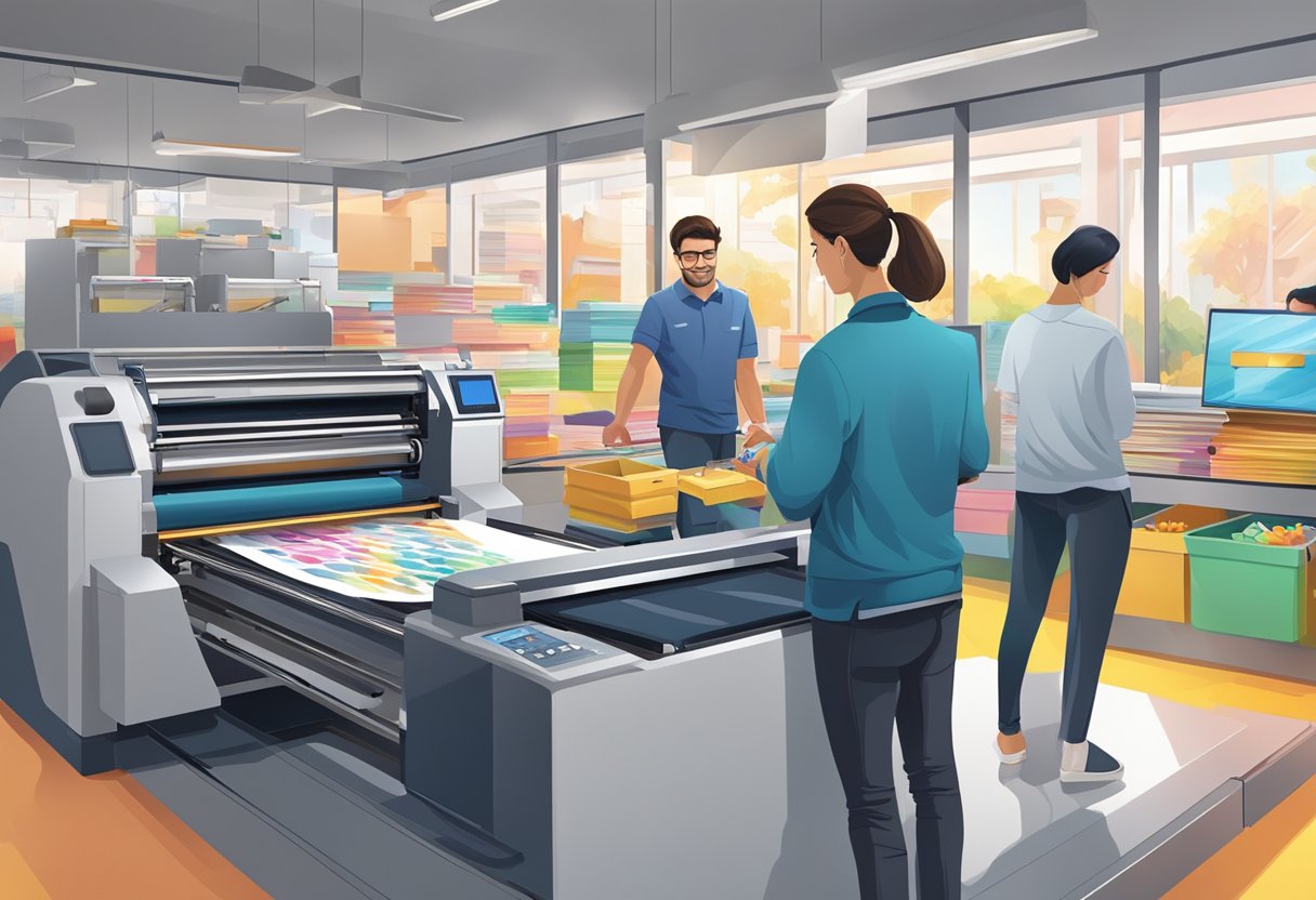 A gift printing machine quickly produces personalized items while a customer looks on with interest. The machine's bright colors and busy activity create a dynamic and engaging scene