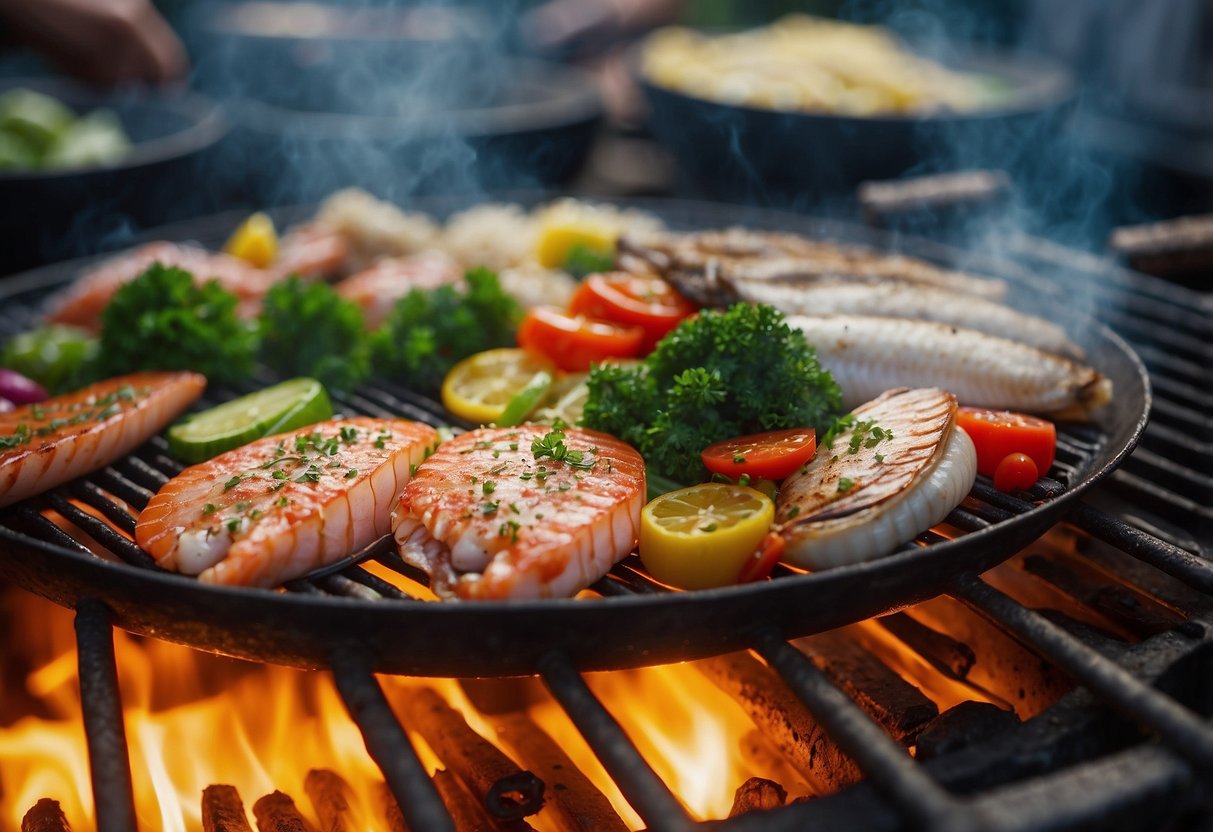 Fresh seafood sizzling on a hot grill, surrounded by colorful local vegetables and aromatic spices. The ocean breeze carries the tantalizing scent of Okinawan cuisine