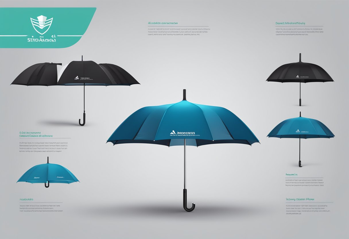An inverted umbrella with a sleek, modern design and a corporate logo printed on the inside. The umbrella is open, showing its unique inverted structure and sturdy handle