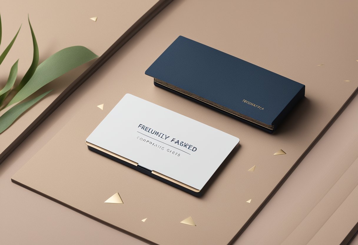 A sleek, modern business card holder sits on a desk surrounded by various corporate gifts. The holder is engraved with the words "Frequently Asked Questions."