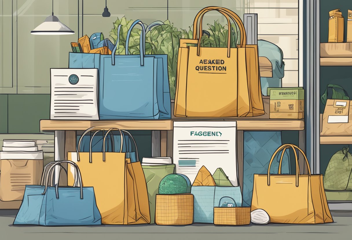 A stack of non-woven bags with "Frequently Asked Questions" printed on them, surrounded by various items commonly found in a retail or grocery store setting