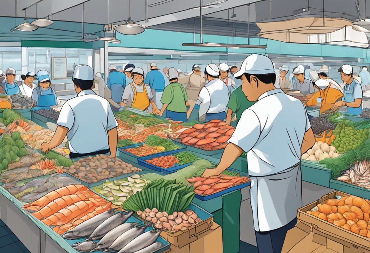 A bustling seafood market at Orchid Seafood LLP, Singapore. Colorful displays of fresh fish and shellfish fill the stalls, while vendors busily attend to customers