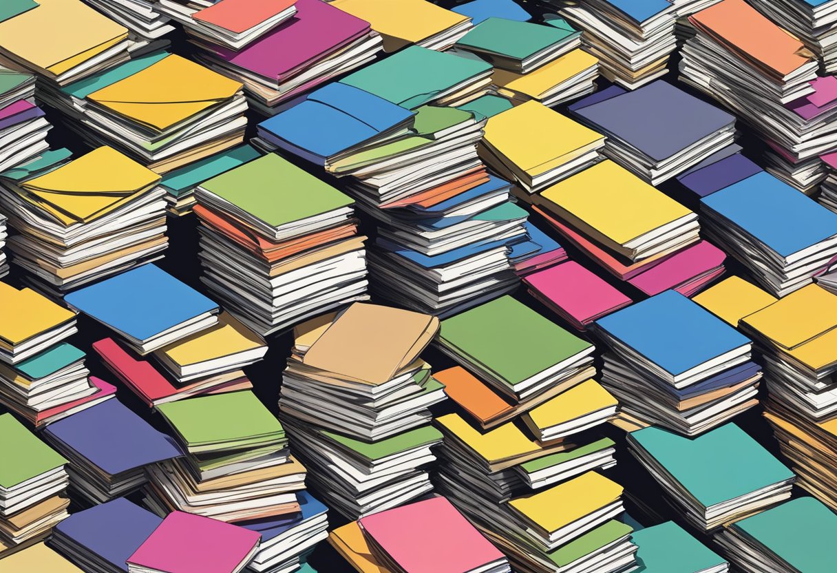 A stack of notepads in various sizes and colors, arranged haphazardly in a pile