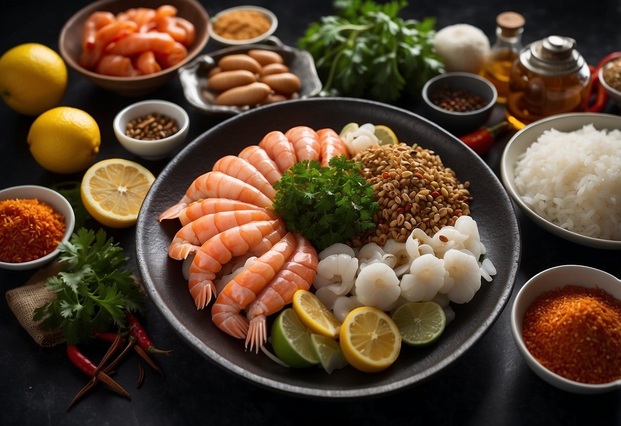 A table set with fresh seafood, spices, and cooking utensils for an Okinawa seafood recipe. Ingredients neatly arranged with a recipe book open