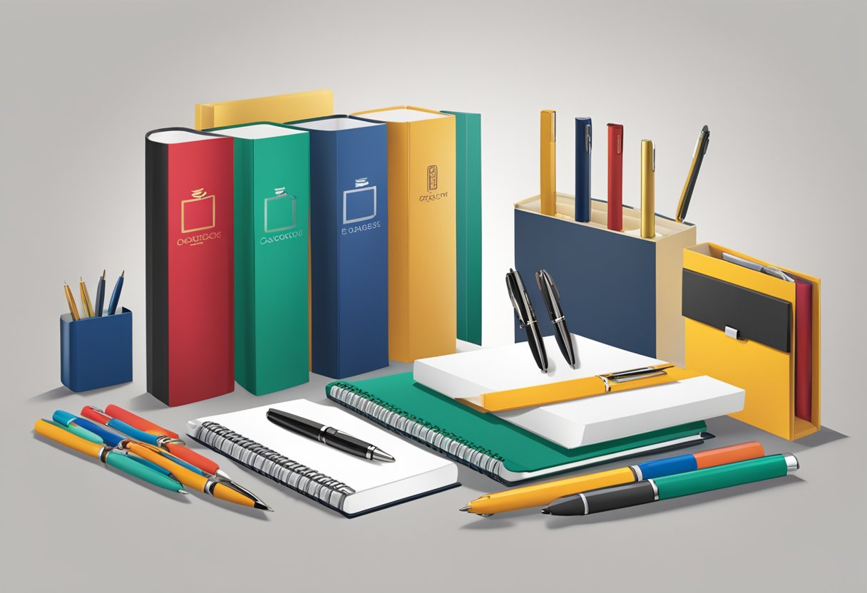 A table displays various corporate gifts: branded pens, notebooks, and elegant gift boxes. A company logo is prominently featured on each item