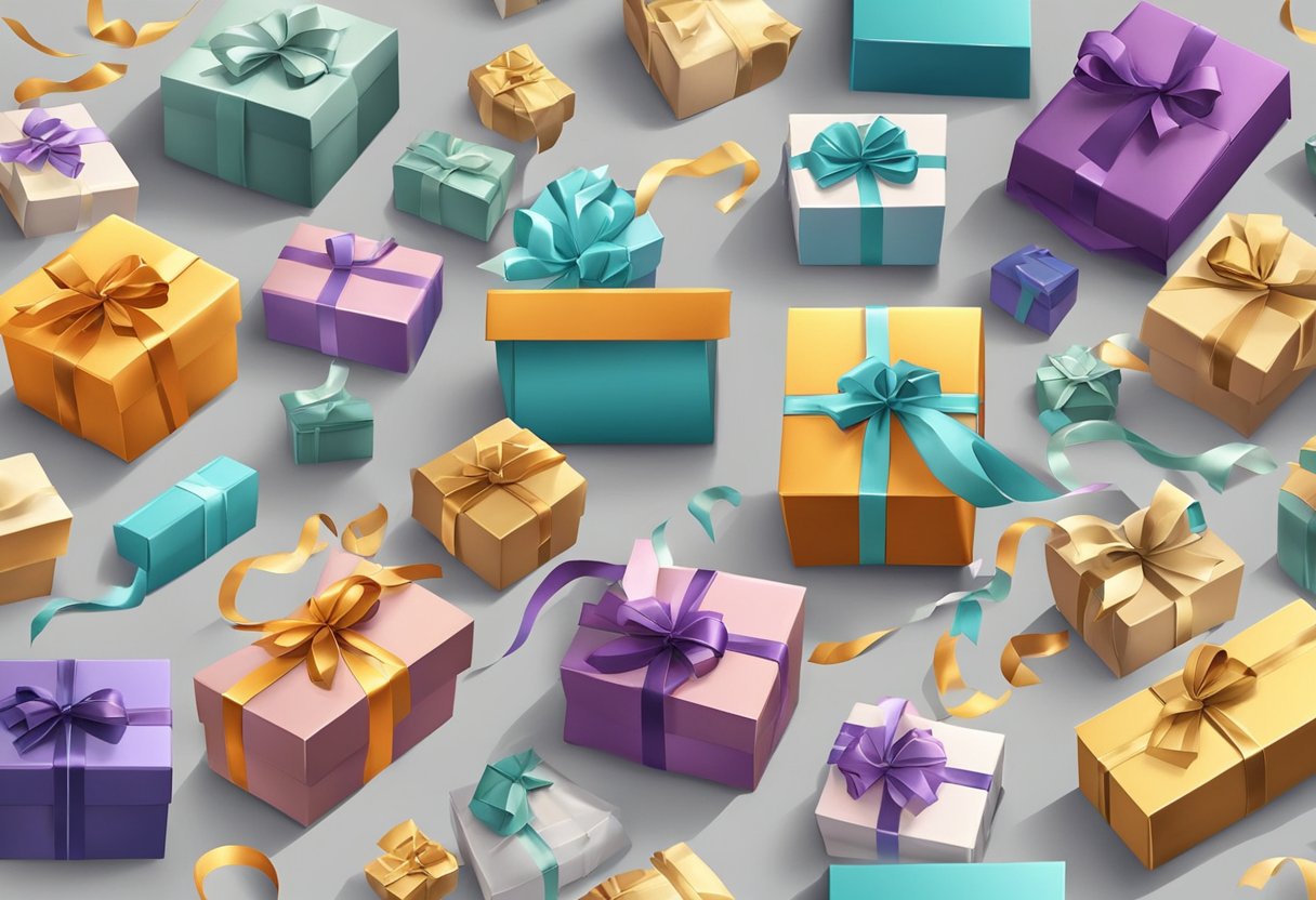 Various small gift boxes scattered on a table, some open with tissue paper spilling out, others closed with decorative ribbons