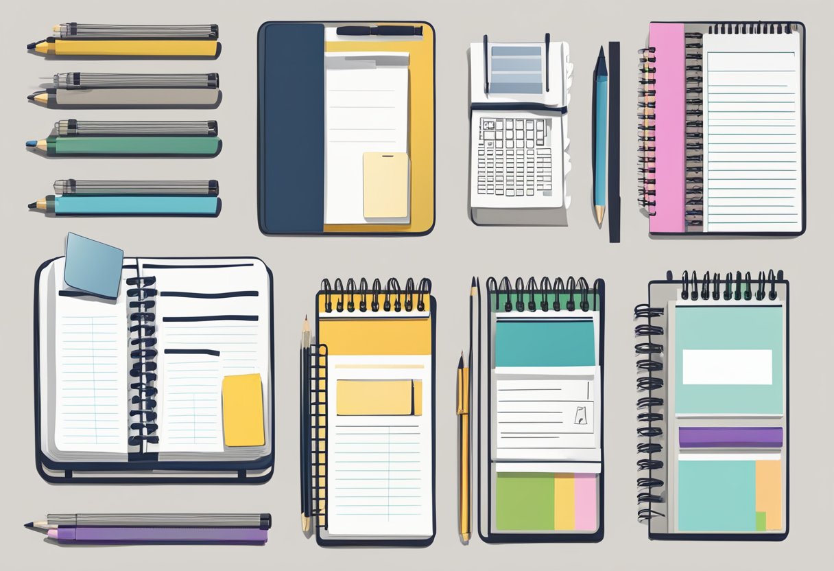 A table displays various notepads: spiral-bound, grid, and lined, each labeled for specific uses