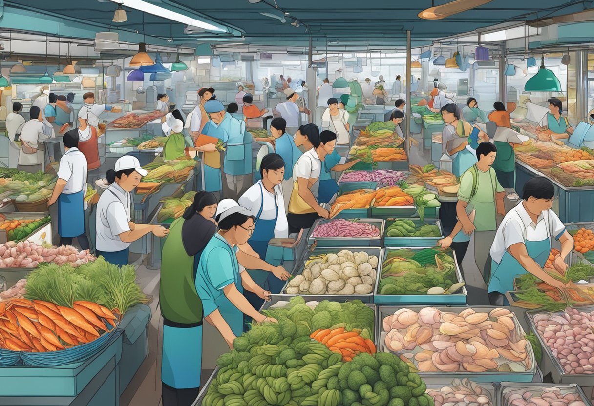 A bustling seafood market with colorful displays and bustling activity at Orchid Seafood LLP in Singapore