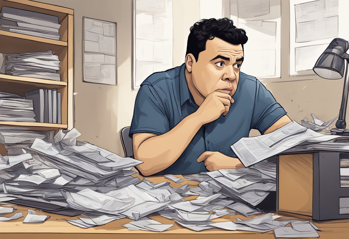 Carlos Mencia's personal life: a broken microphone, scattered papers, and a disheveled desk. A look of frustration on his face