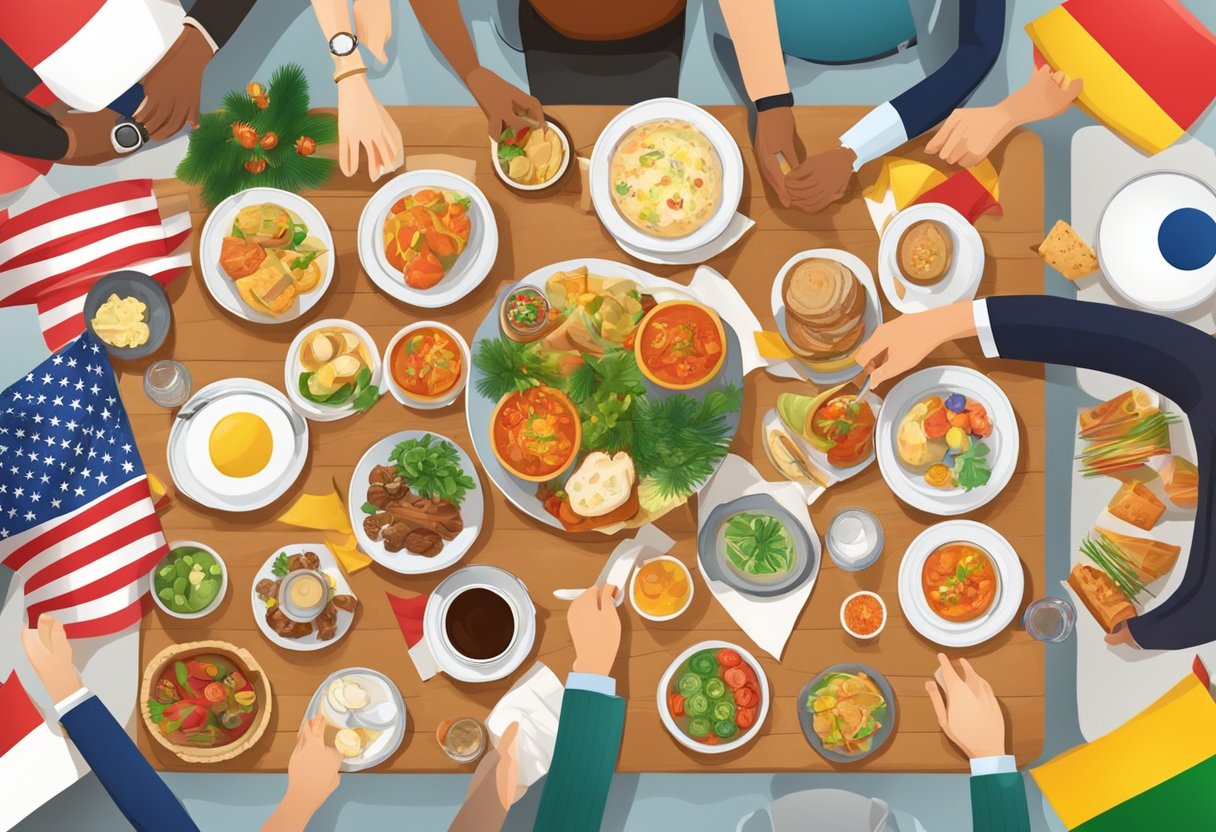 A festive table with a variety of national flags, traditional foods, and cultural symbols, surrounded by happy people exchanging gifts and celebrating