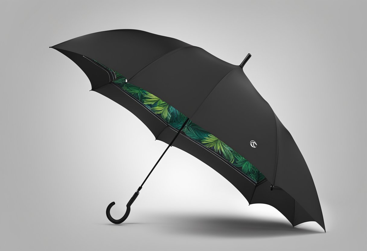 A sleek black inverted umbrella with custom branding and corporate logo