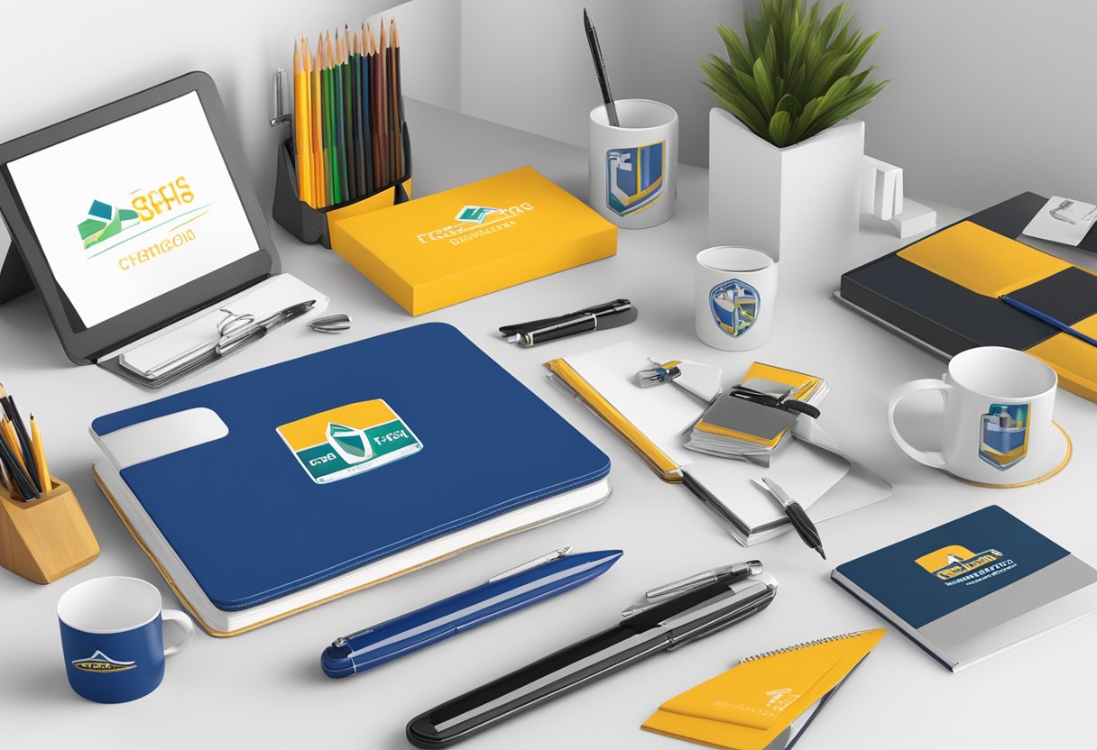 A table displays various corporate gifts with the company logo, including pens, mugs, and notebooks