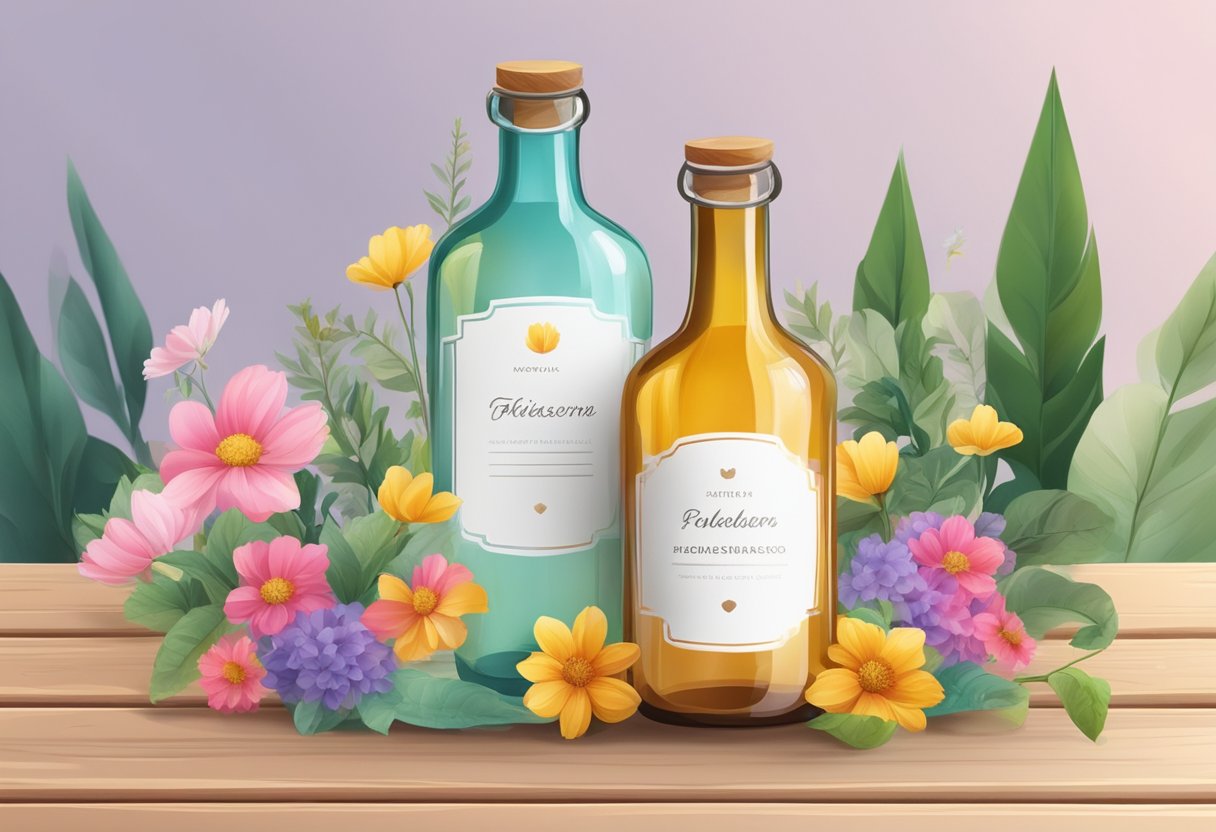A glass bottle with a custom label stands on a wooden table, surrounded by colorful flowers and greenery