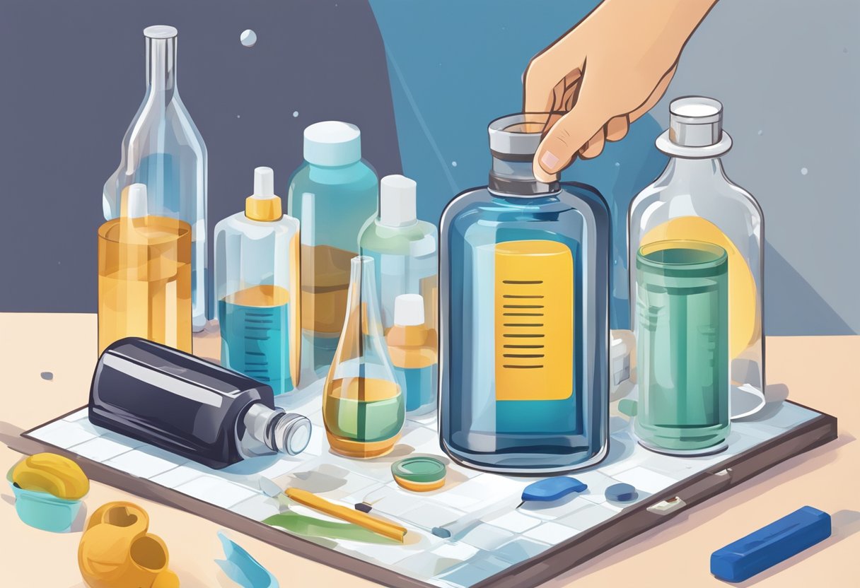 A hand pours liquid into a clear bottle. Another hand adds a custom label. Surrounding the scene are various design tools and materials