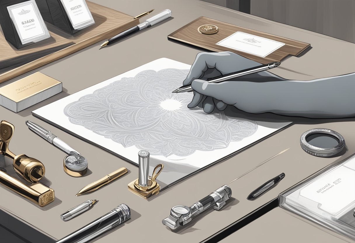 A hand reaches for a sleek pen set on a desk with a logo-engraved plaque, surrounded by elegant gift options