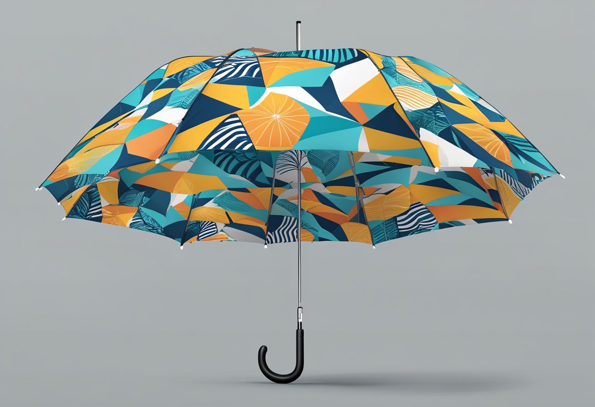 An inverted umbrella with "Frequently Asked Questions" pattern, branded as a corporate gift