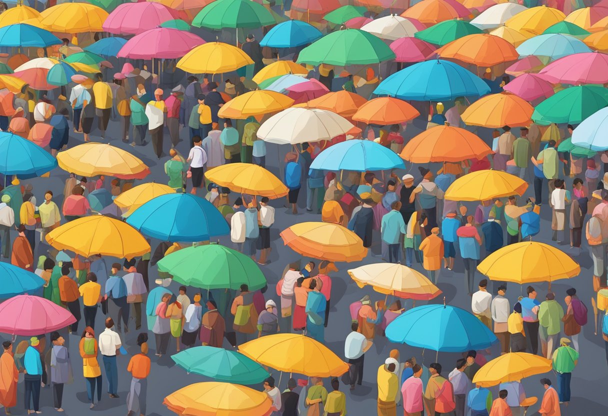 A bustling street market, colorful umbrellas displayed in rows, vendor calling out to passersby