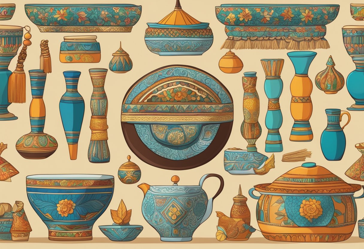 A table adorned with cultural and traditional gifts from around the world, including intricate textiles, ornate ceramics, and artisanal crafts