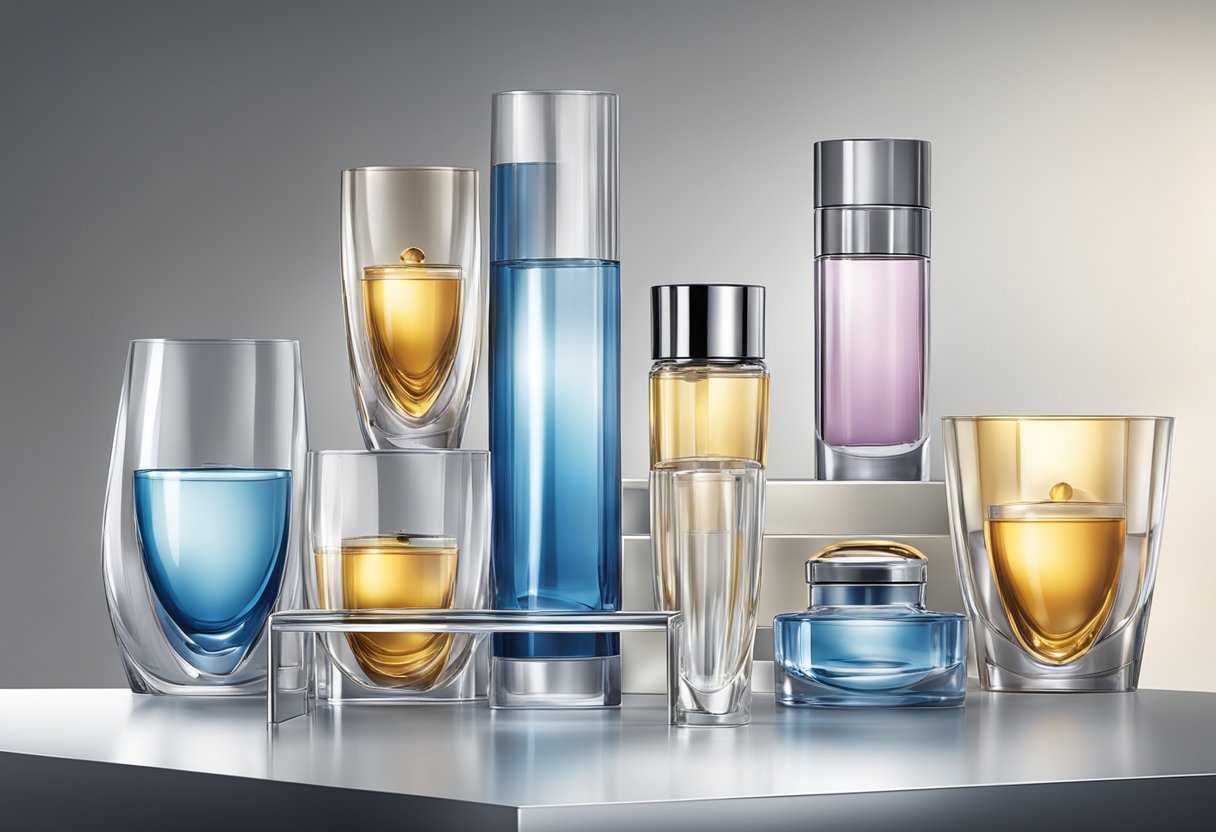 A display of elegant glass corporate gifts arranged neatly on a sleek, modern table, with a spotlight highlighting their high quality and sophistication