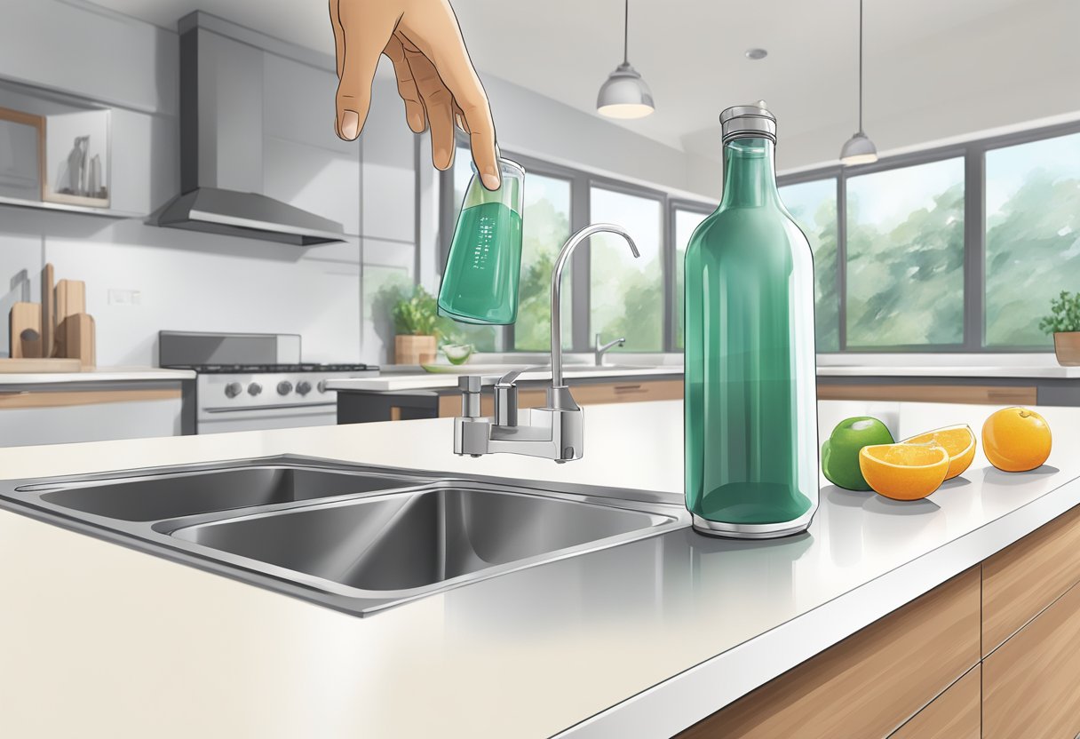A hand reaches for a sleek, personalized bottle on a modern countertop, ready for use