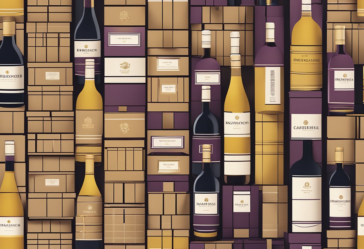 A stack of branded wine boxes arranged on a warehouse shelf, ready for corporate gifting