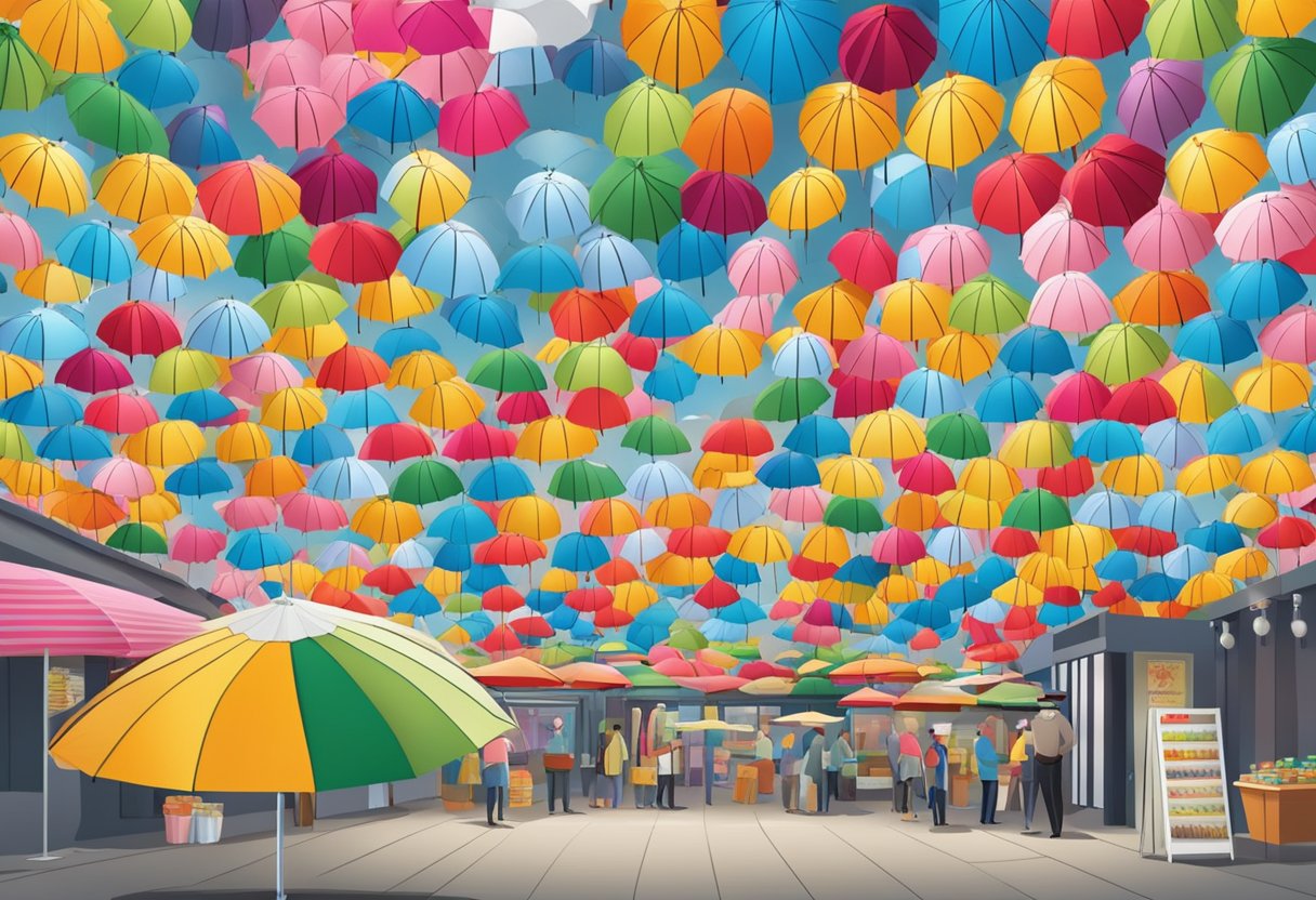 An umbrella vendor stands under a colorful canopy, surrounded by a variety of umbrellas on display
