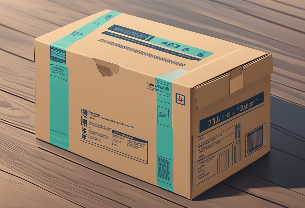 A cardboard packaging box sits on a wooden table, sealed with tape and labeled with shipping information