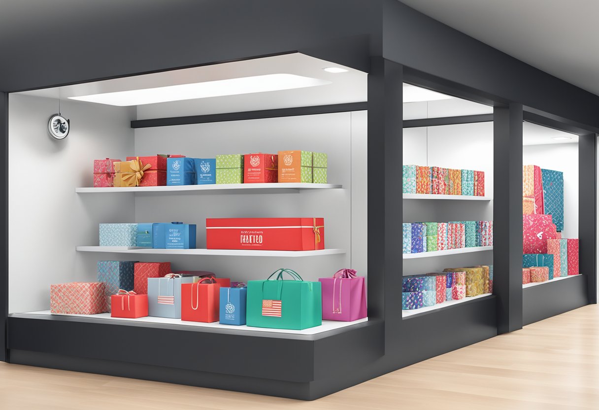 A sleek, minimalist gift shop display showcases modern, exclusive National Day gift ideas. Bold typography and elegant packaging catch the eye