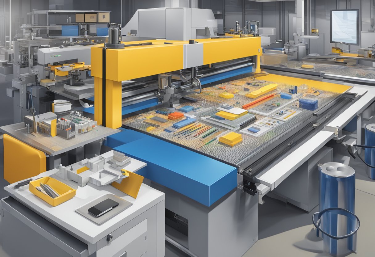 A table with various corporate gifts being customized and printed. Machinery and tools are visible, along with finished products
