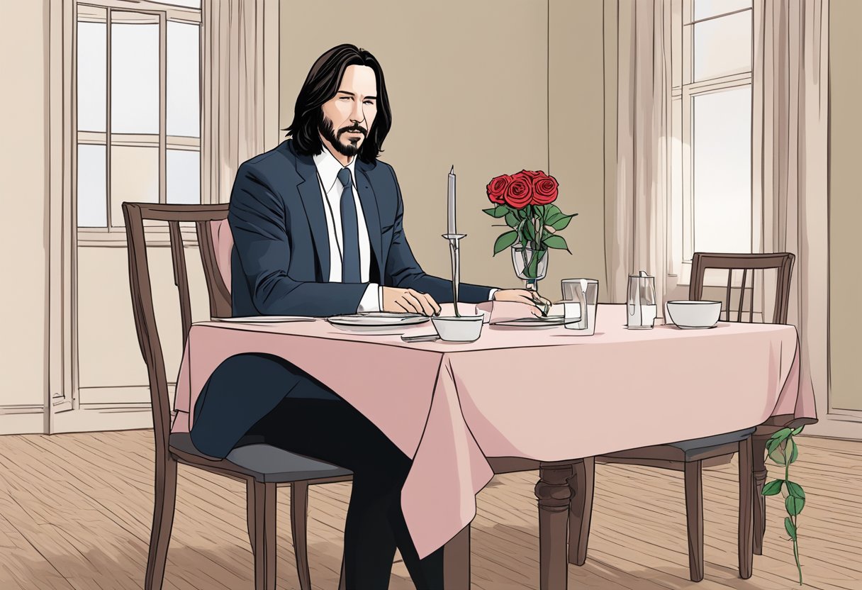 Keanu Reeves' wife's empty chair at the dinner table, with a single rose and a note lying next to it