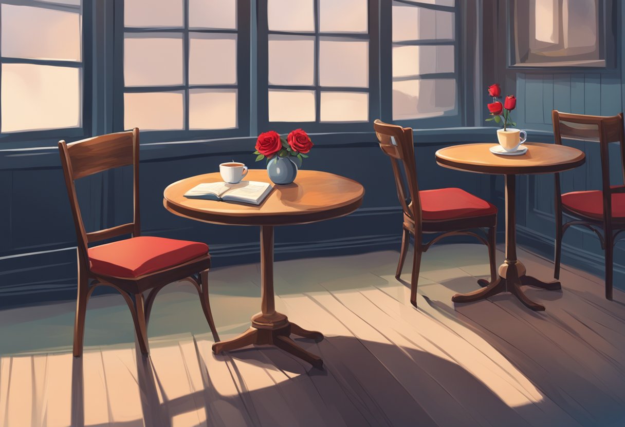 A cozy cafe with two empty chairs facing each other, a forgotten book lying open on the table, and a single red rose wilting in a vase