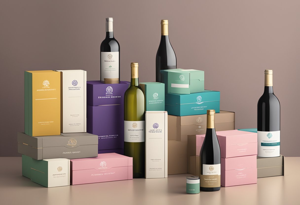 A stack of branded wine boxes with "Frequently Asked Questions corporate gifts" printed on them